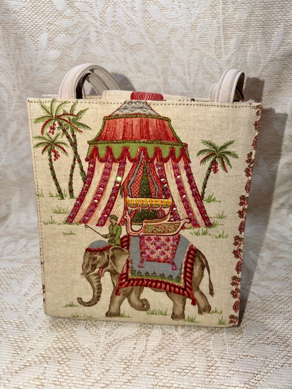 Vintage Canvas Elephant & Tent Sequence Printed Tote - Red, Pink, Green